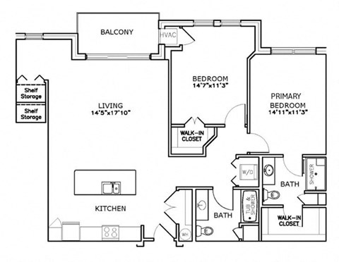 Floor plan for 2 beds, 2 baths, 1225 sqft